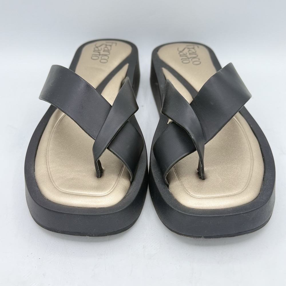 Franco Sarto Janey Sz 9 Black Platform Thong Sandals Comfort Cushioned Flipflops